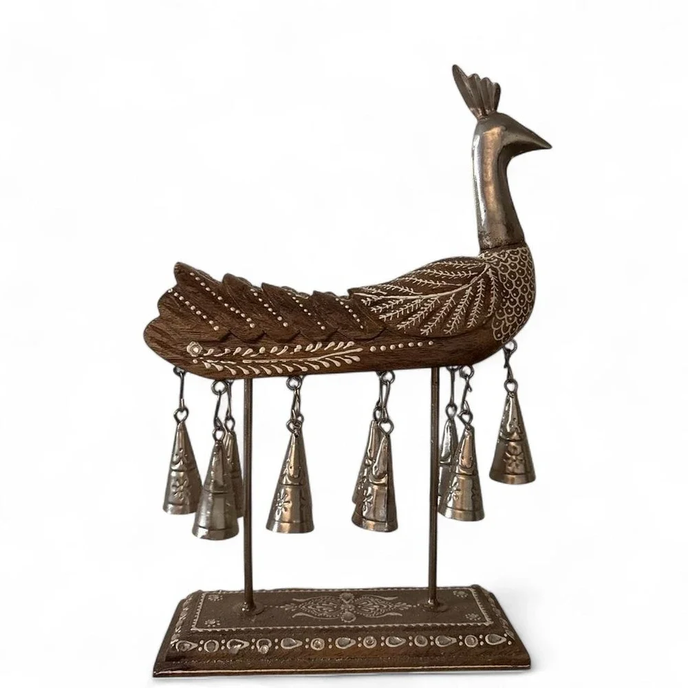 Unique handmade carved wooden peacock with bells